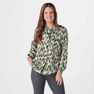 Lisa Rinna Olive Leopard Print Blouse Size M